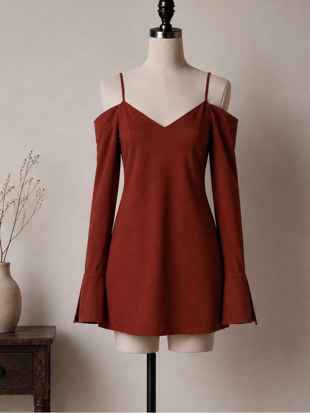 Emory Park Rust Cold Shoulder Bell Sleeve Mini Dress • Made in USA • Small